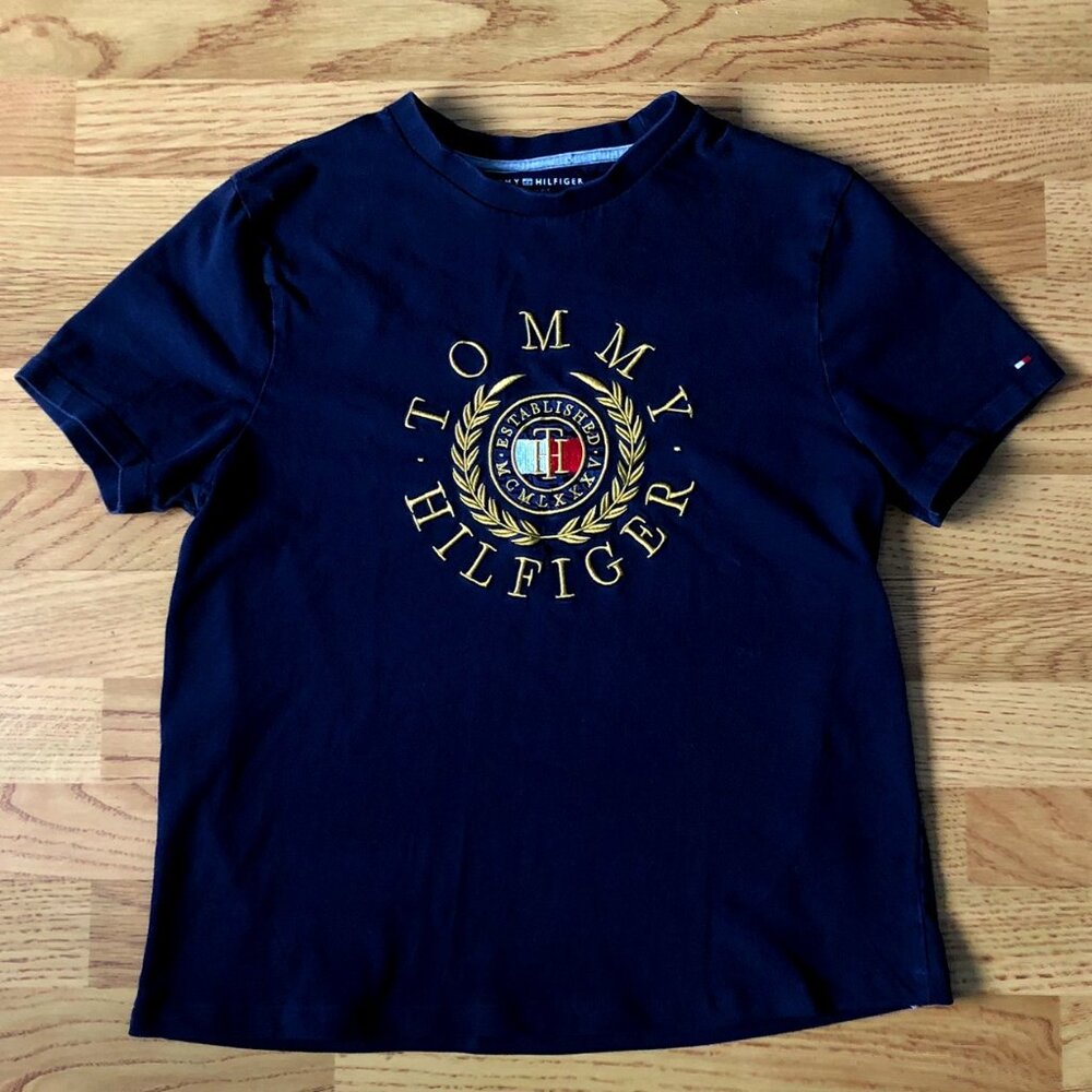 TOMMY HILFIGER (Size S) Golden Embroidered Logo Navy Shirt